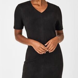 SPANX Elegant Black Faux Suede Column V-Neck Dress Size Medium NWT